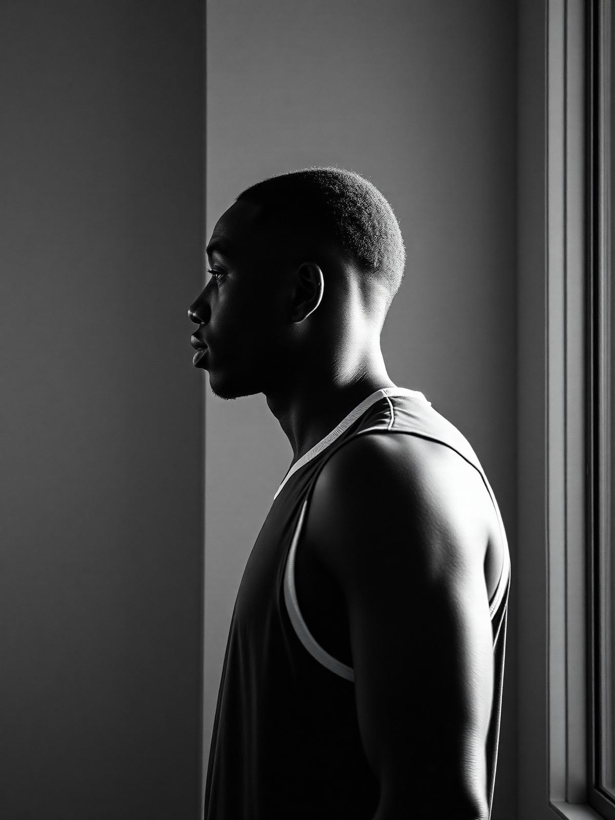 Athlete in profile, contemplative editorial portrait